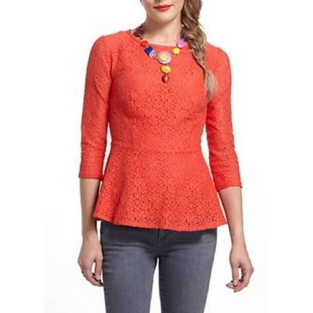 Anthropologie Moulinette Soeurs Orange Lace Peplum 3/4 Sleeve Top - Size 0